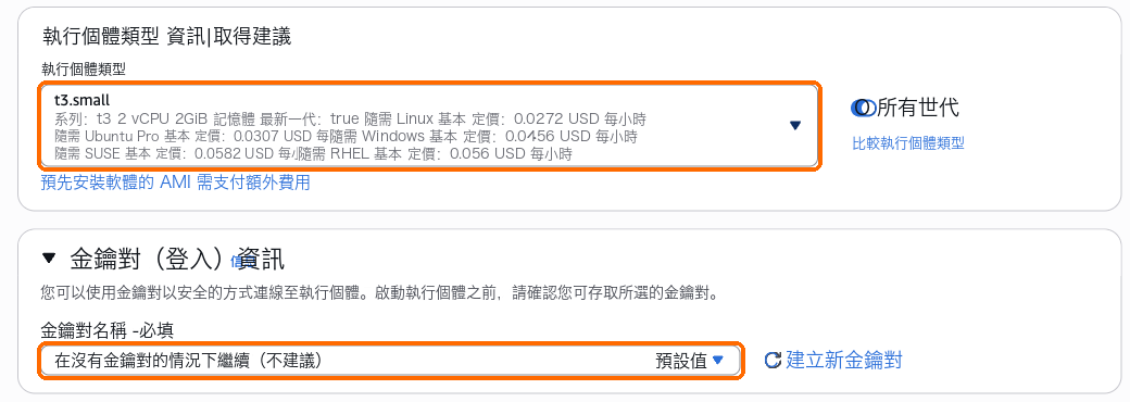 實例類型 t3.small,金鑰對選在沒有金鑰對的情況下繼續