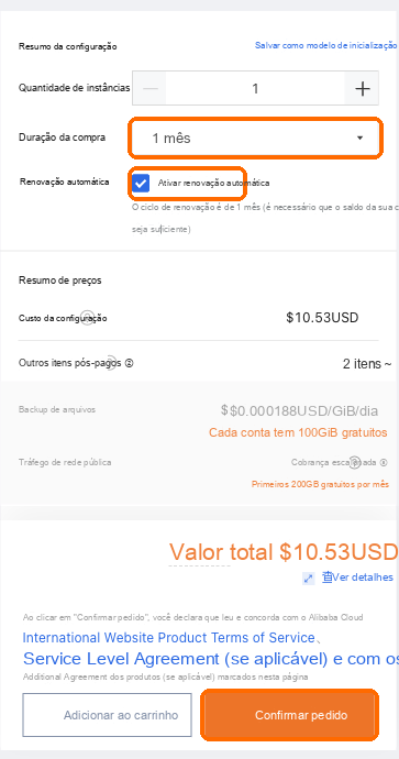 Duração: 1 mês, renovação automática marcada, Confirmar ordem
