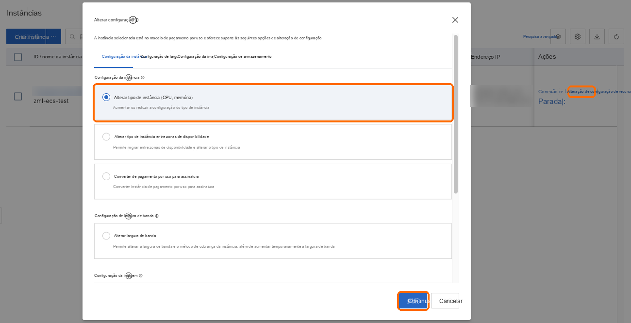 Alterar recursos: alterar o tipo de instância, Continuar