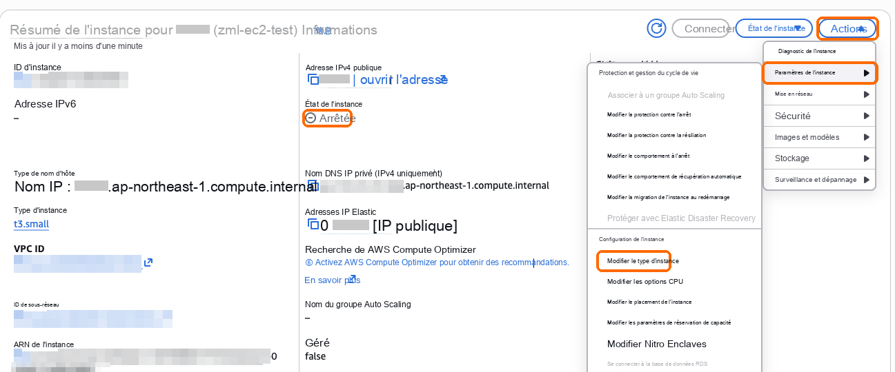 Le serveur arrêté : Actions, Instance settings, Change instance type