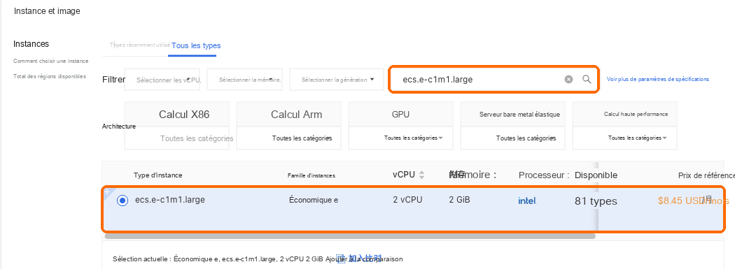 Recherchez ecs.e-c1m1.large et sélectionnez la ligne 2 vCPU, 2 GB