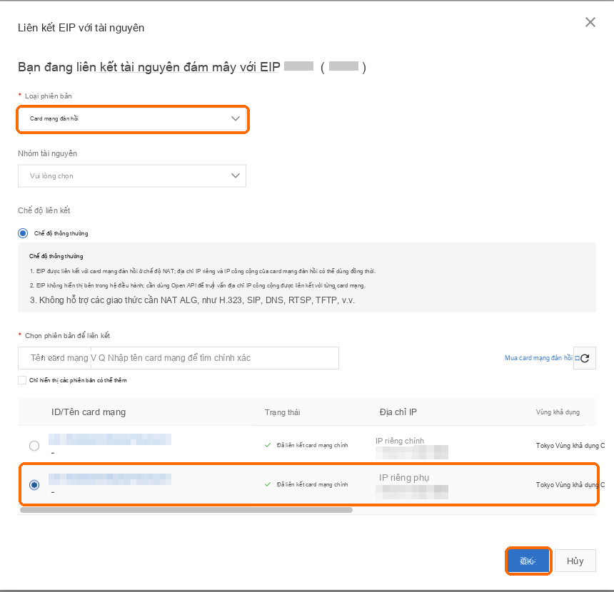 Loại: ENI; chọn dòng IP riêng phụ; OK