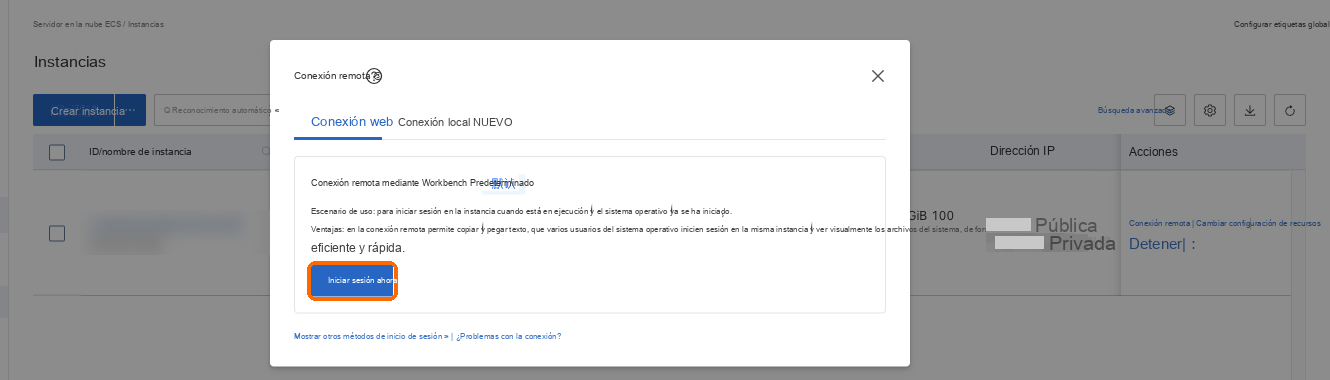 Conexión remota: a través de Workbench, inicie sesión ahora