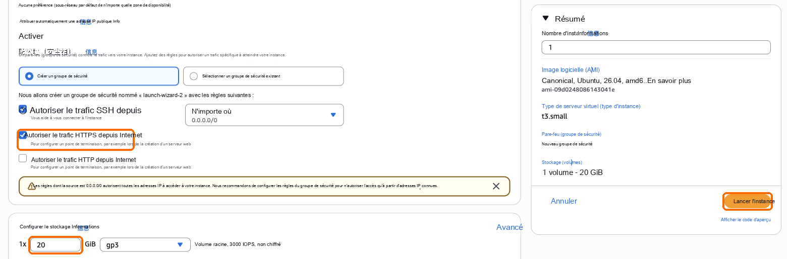 Autoriser le trafic HTTPS coché, stockage de 20 Go, Lancer l'instance