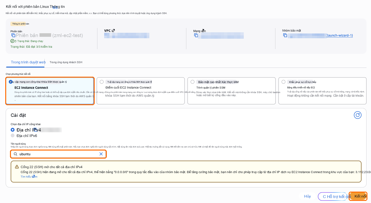 EC2 Instance Connect, tên người dùng ubuntu, Connect