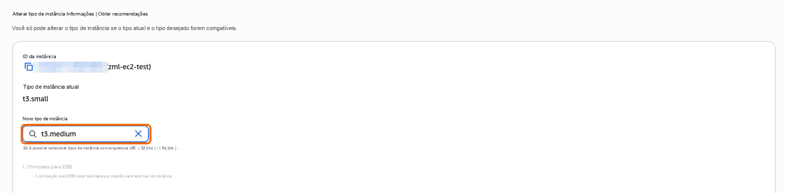 Novo tipo de instância: t3.medium