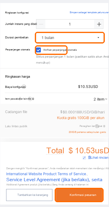 Durasi: 1 bulan, perpanjangan otomatis dicentang, Konfirmasi Order