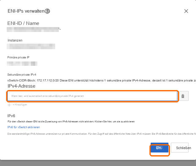 Eine sekundäre private IPv4 hinzufügen, leer lassen, OK