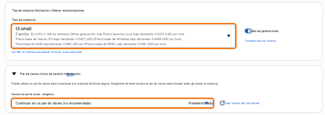 Tipo de instancia t3.small, par de claves: Continuar sin un par de claves