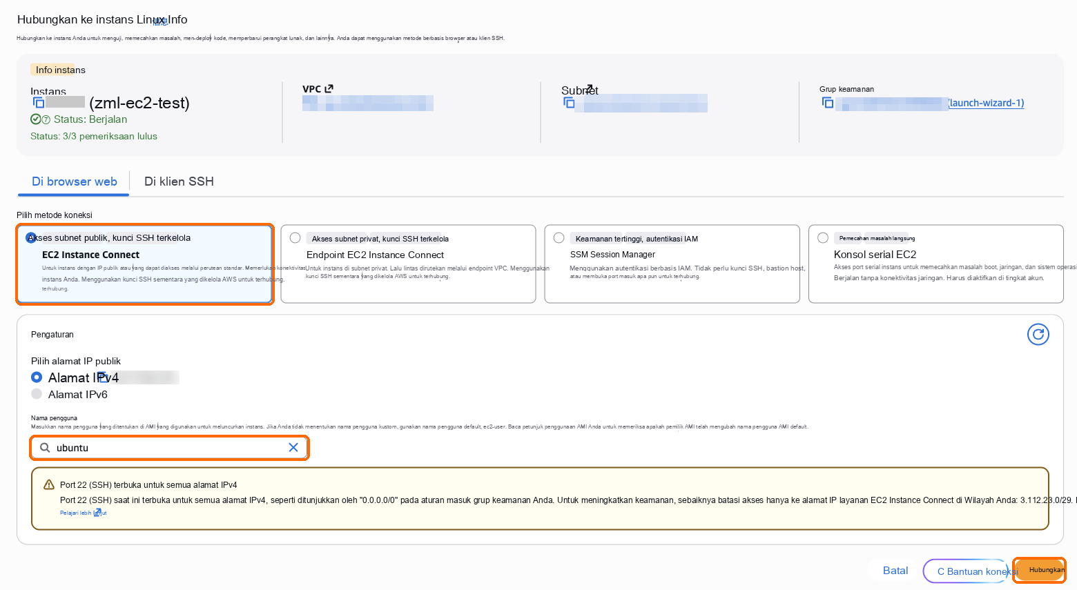 EC2 Instance Connect, nama pengguna ubuntu, Connect