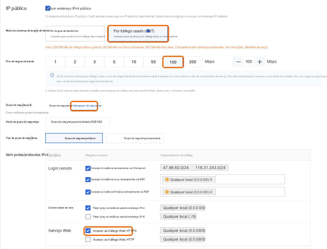 Pagamento por tráfego, largura de banda de pico 100, novo grupo de segurança com tráfego Web HTTPS marcado