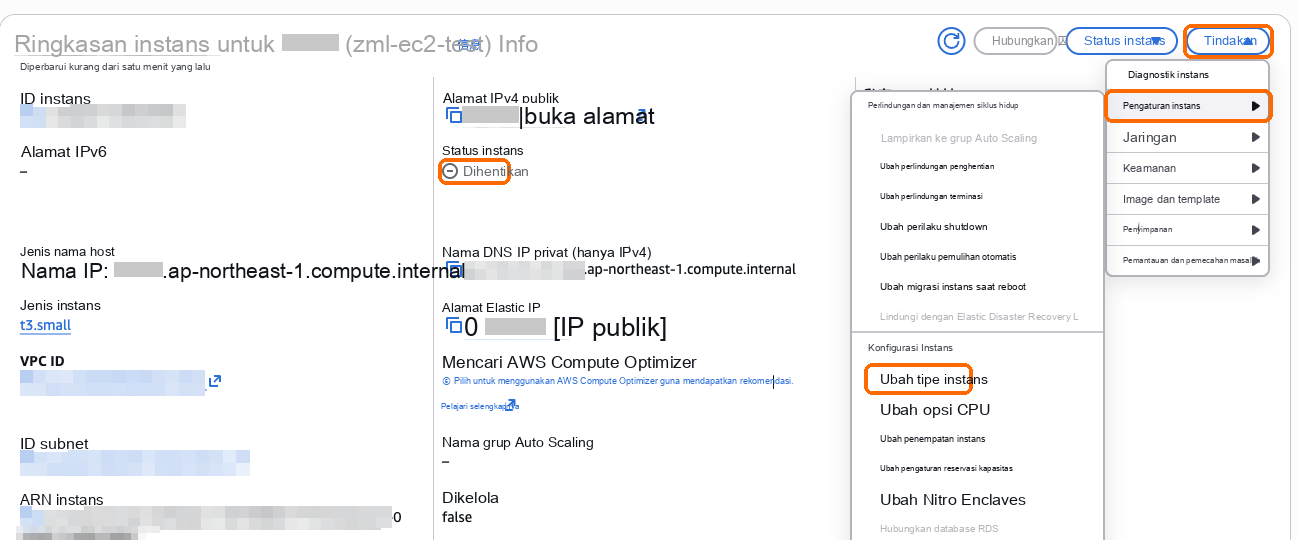 Server yang dihentikan: Tindakan, Pengaturan instans, Ubah tipe instans