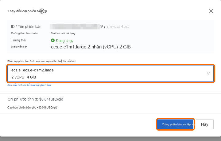 Chọn cấu hình đích 2 vCPU, 4 GB