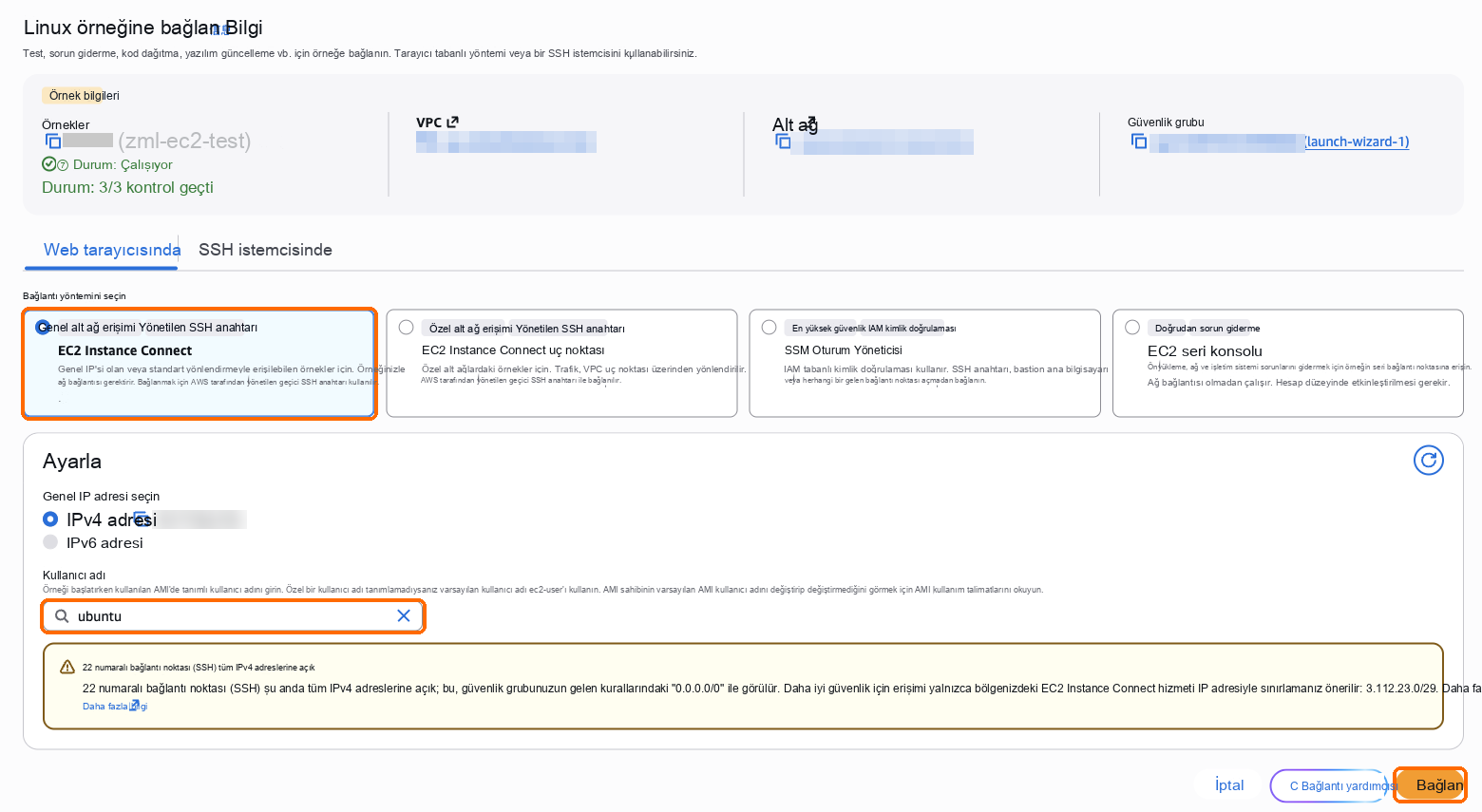 EC2 Instance Connect, kullanıcı adı ubuntu, Bağlan