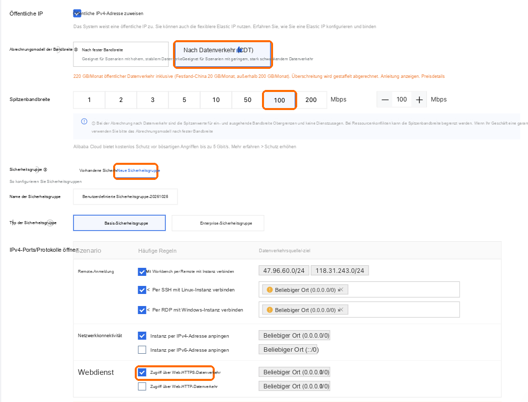 Abrechnung nach Datenverkehr, Spitzenbandbreite 100, neue Sicherheitsgruppe mit angehaktem Web-HTTPS-Datenverkehr