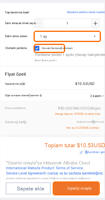 Süre: 1 ay, otomatik yenileme işaretli, Emri Onayla