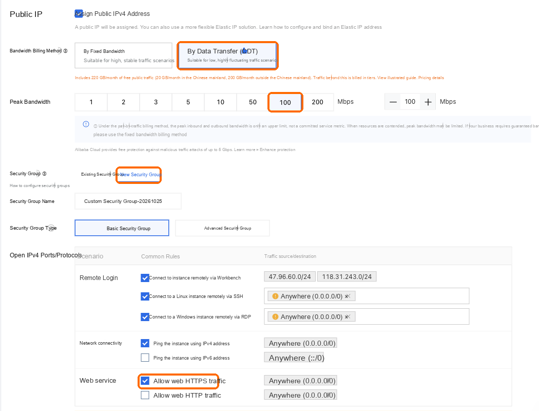 Pay-by-traffic, peak bandwidth 100, new security group with Web HTTPS traffic ticked