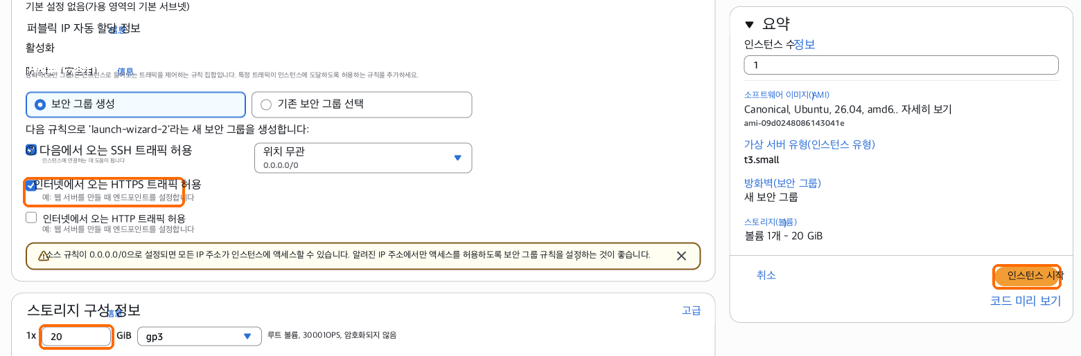HTTPS 트래픽 허용 체크, 스토리지 20 GB, 인스턴스 시작