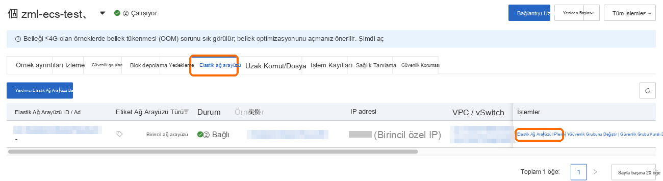 ENI sekmesi: birincil arayüzün satırındaki IP'leri yönetin