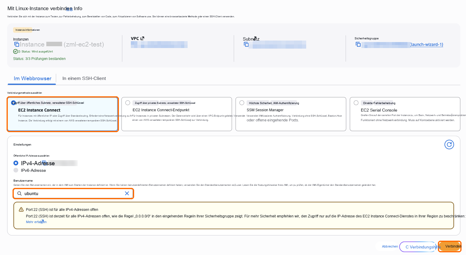 EC2 Instance Connect, Benutzername ubuntu, Verbinden