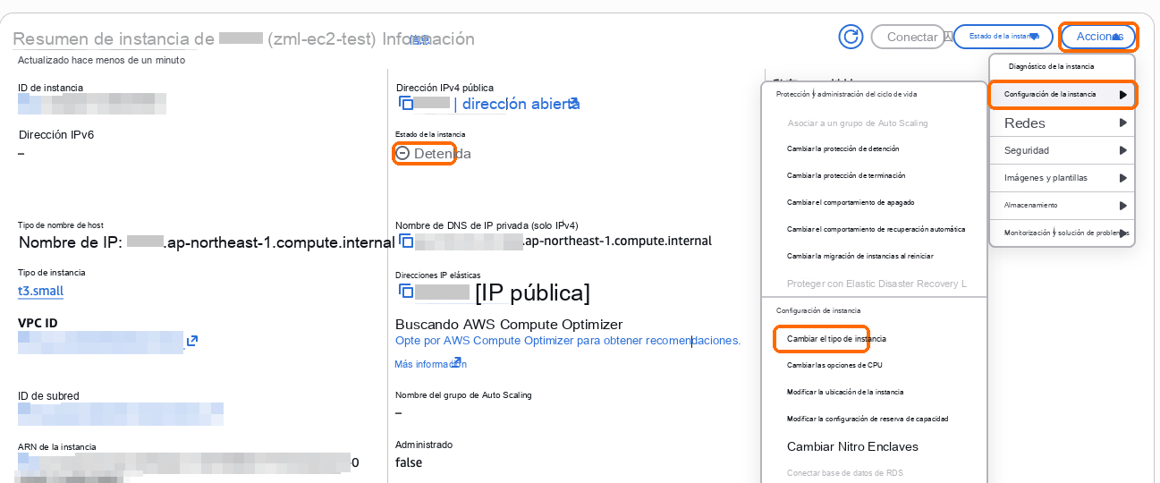 El servidor detenido: Acciones, Configuración de la instancia, Cambiar el tipo de instancia
