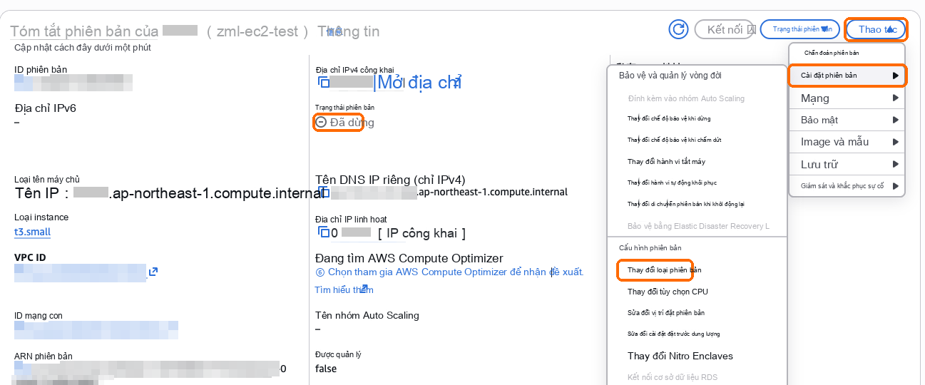 Máy chủ đã dừng: Actions, Instance settings, Change instance type