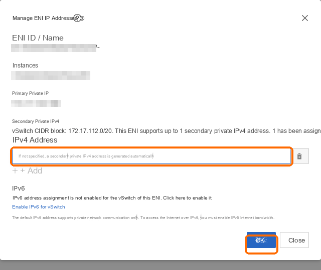 Add a secondary private IPv4, leave it empty, OK