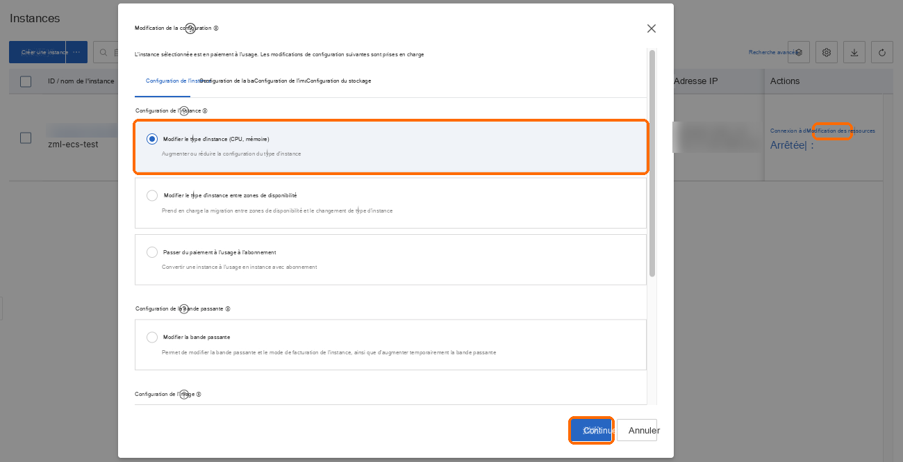 Modifier les ressources : changer le type d'instance, Continuer
