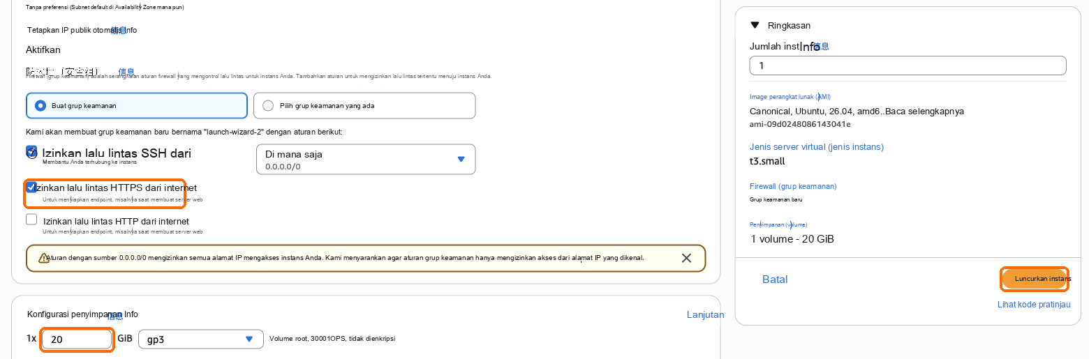 Izinkan Lalu lintas data HTTPS dicentang, penyimpanan 20 GB, Luncurkan instans