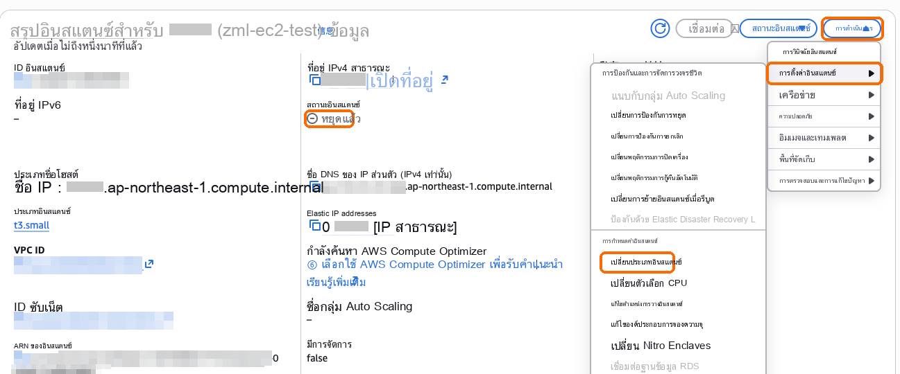 เซิร์ฟเวอร์ที่หยุดทำงานแล้ว: การดำเนินการ, การตั้งค่าอินสแตนซ์, เปลี่ยนประเภทอินสแตนซ์