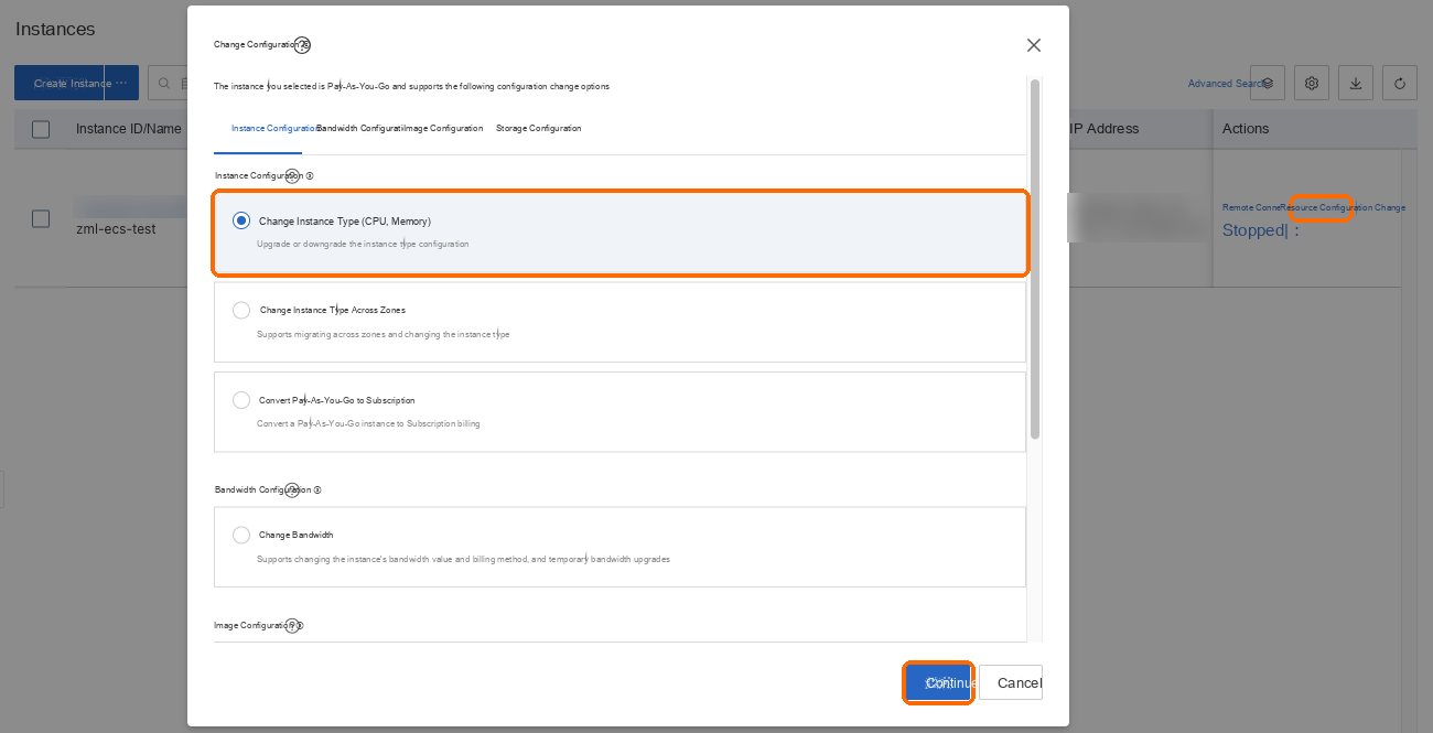 Change resources: change the instance type, Continue