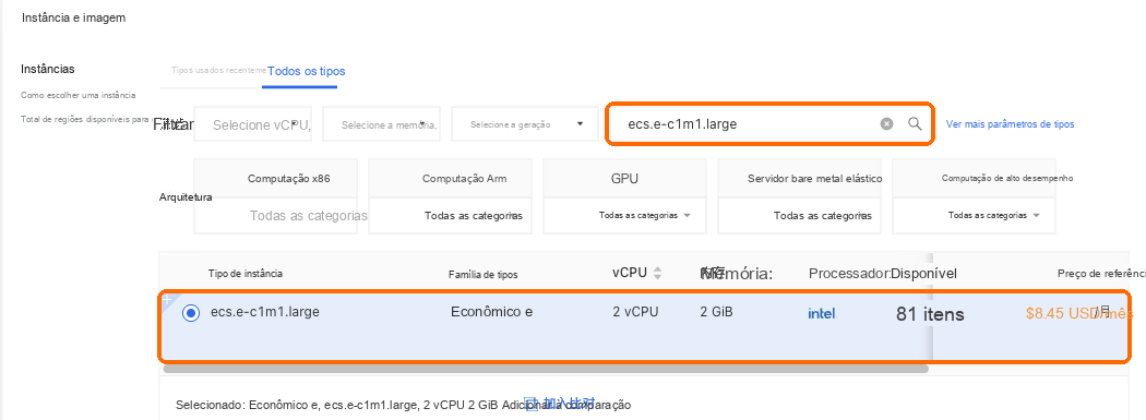 Busque ecs.e-c1m1.large e selecione a linha de 2 vCPU, 2 GB