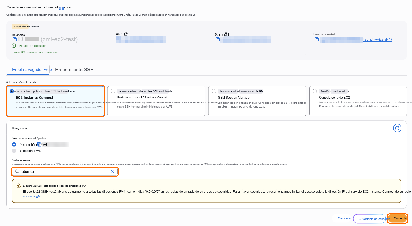 EC2 Instance Connect, nombre de usuario ubuntu, Conectar