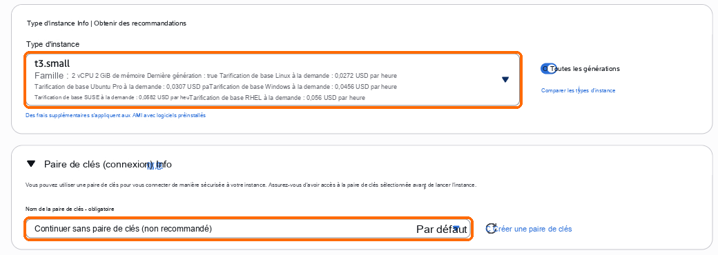 Type d'instance t3.small, paire de clés : poursuivre sans paire de clés