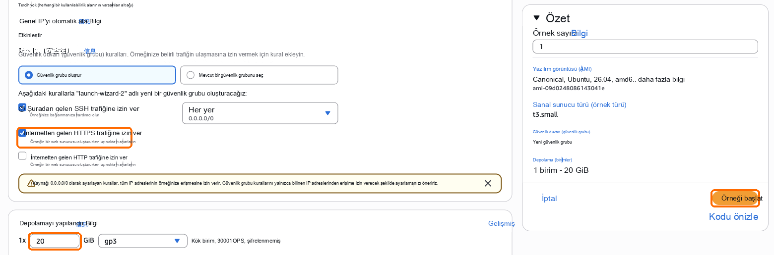 HTTPS trafiğine izin ver işaretli, depolama 20 GB, Kurulumu başlat