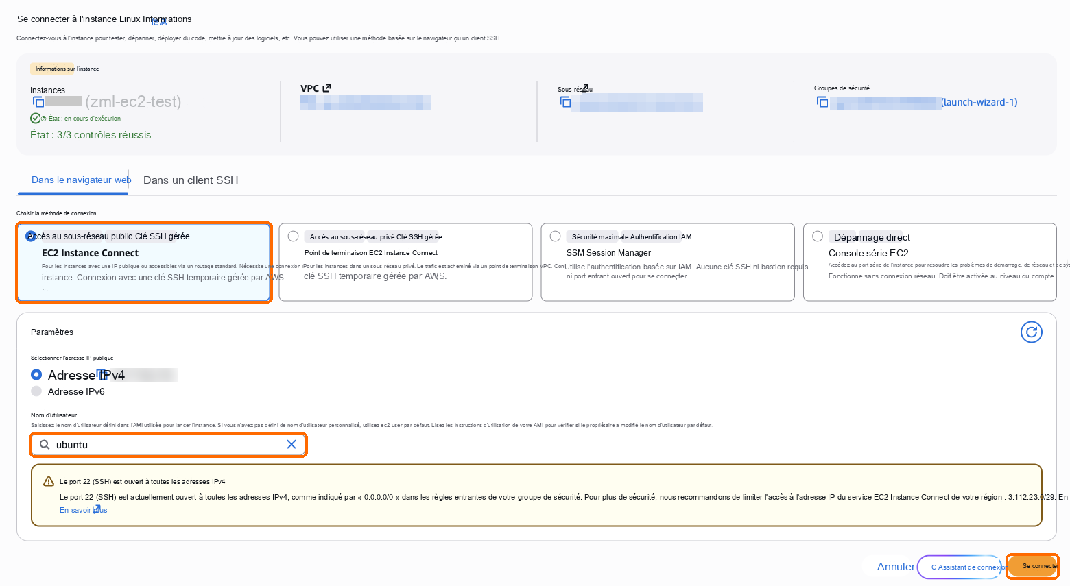 EC2 Instance Connect, nom d'utilisateur ubuntu, Connect