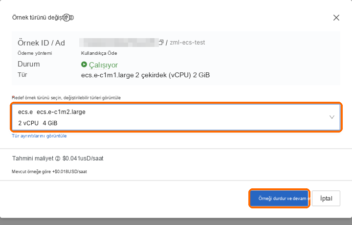 Hedef türü olarak 2 vCPU, 4 GB seçin