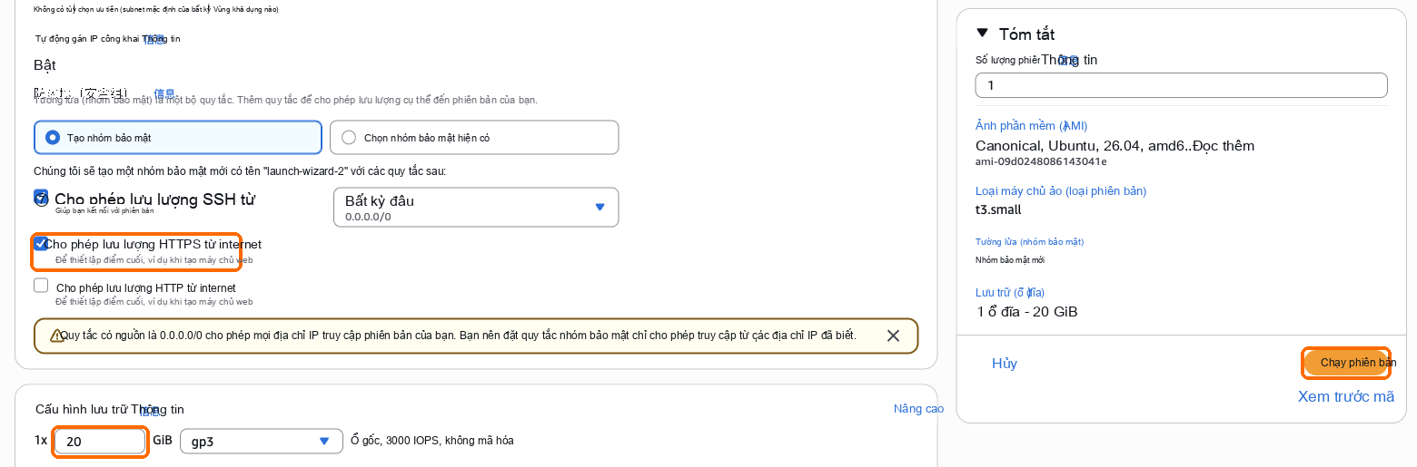 Đã chọn Cho phép lưu lượng HTTPS, bộ nhớ 20 GB, Khởi chạy instance