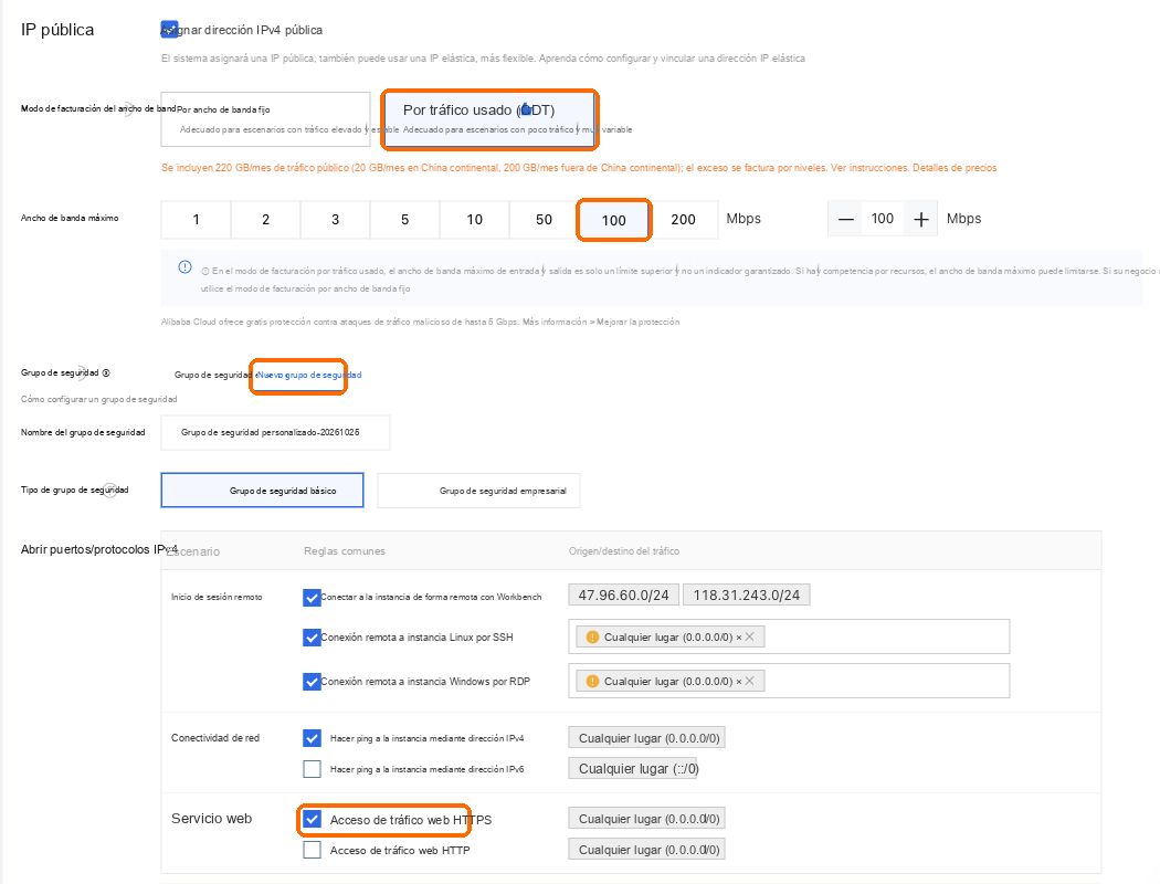 Pago por tráfico, ancho de banda máximo 100, nuevo grupo de seguridad con Tráfico web HTTPS marcado