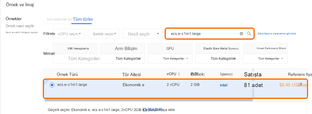 ecs.e-c1m1.large'ı aratın ve 2 vCPU, 2 GB satırını seçin