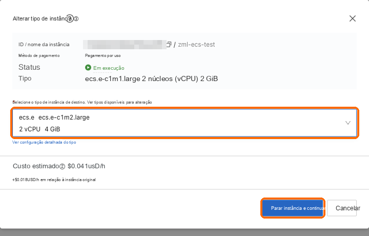 Tipo de destino: 2 vCPU, 4 GB