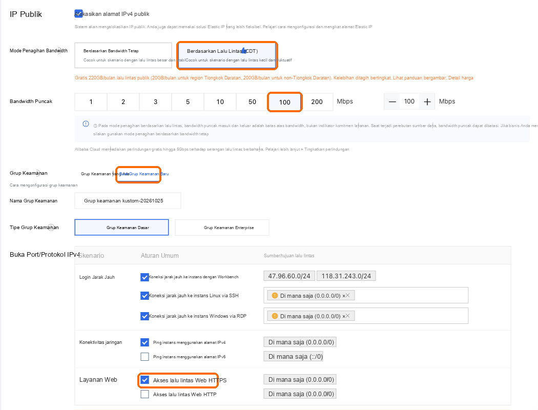 Bayar per lalu lintas data, bandwidth puncak 100, grup keamanan baru dengan lalu lintas data Web HTTPS dicentang