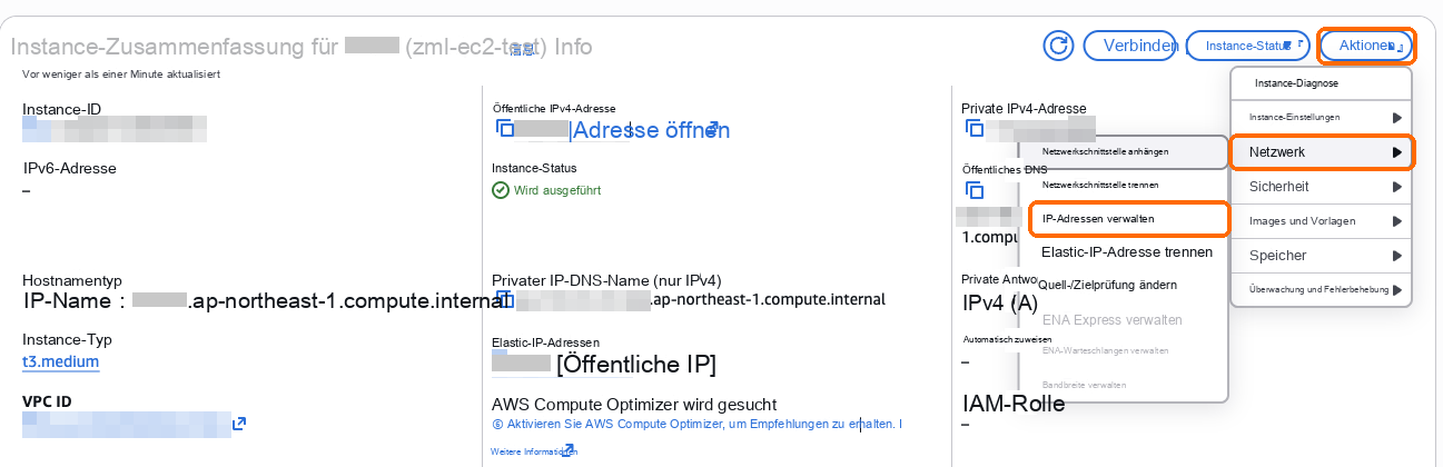 Aktionen, Netzwerk, IP-Adressen verwalten