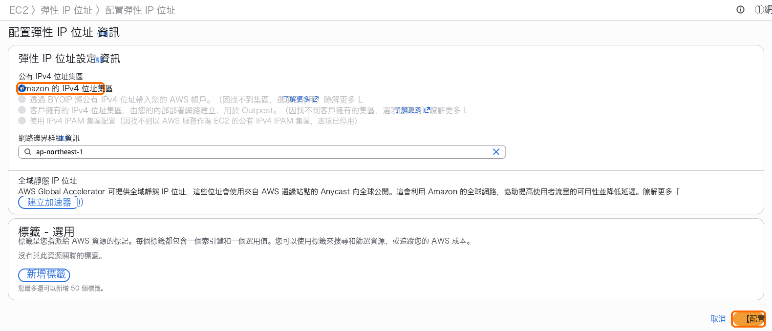 分配彈性 IP 位址:保持預設,選擇分配